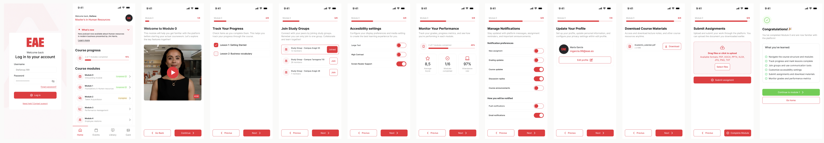 EAE onboarding app screens